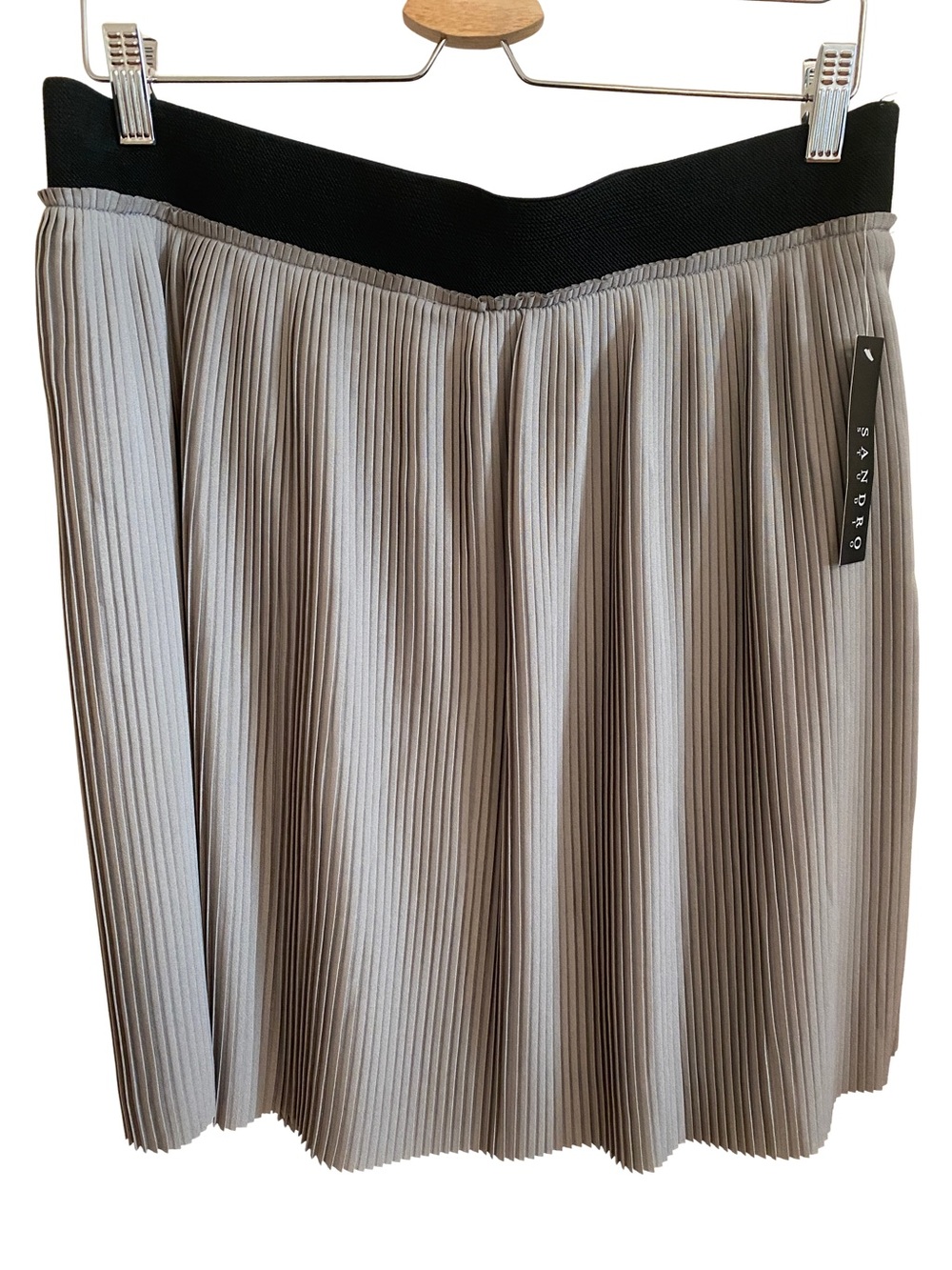 NWT Sandro Gray Pleated Skirt with Black Waistband